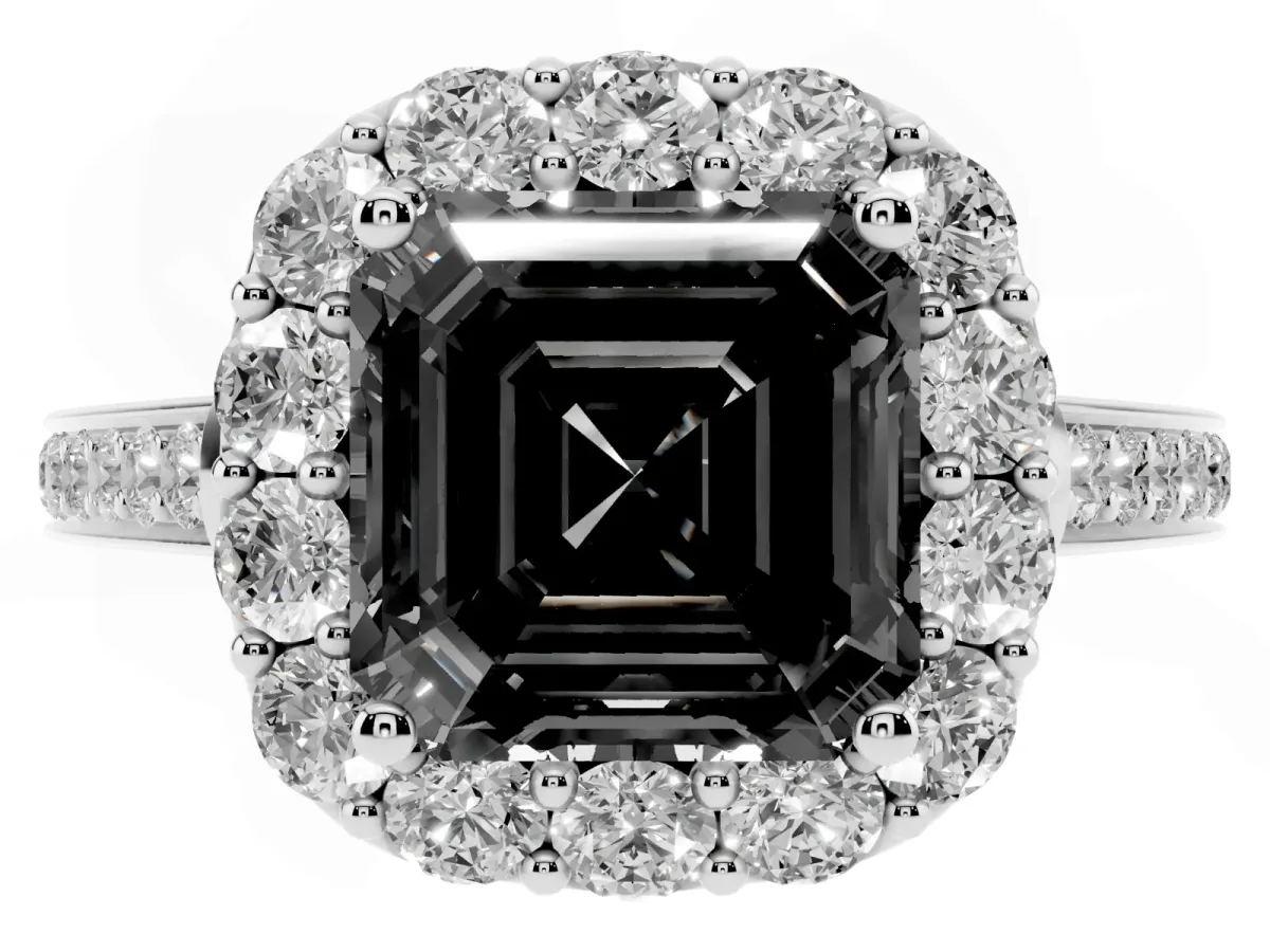 Fancy Black Asscher Cut Diamond Floral Halo Ring with Pavé Band and Prong Setting Platinum