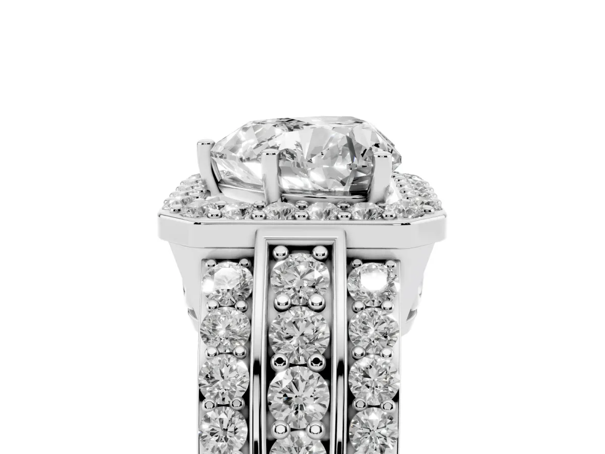 Heart Cut Halo Diamond Ring with Round Split Shank and Prong Setting Platinum