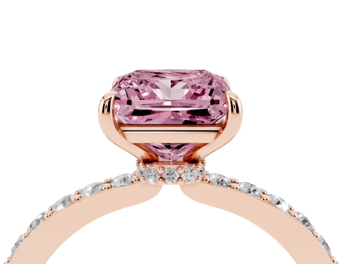 Fancy Pink Princess Cut Diamond Solitaire Engagement Ring with Pavé Band and Four-Prong Setting Rose gold