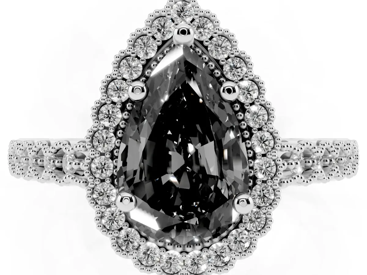 Fancy Black Pear Cut Cut Halo Pavé Solitaire Ring with Milgrain Band Platinum