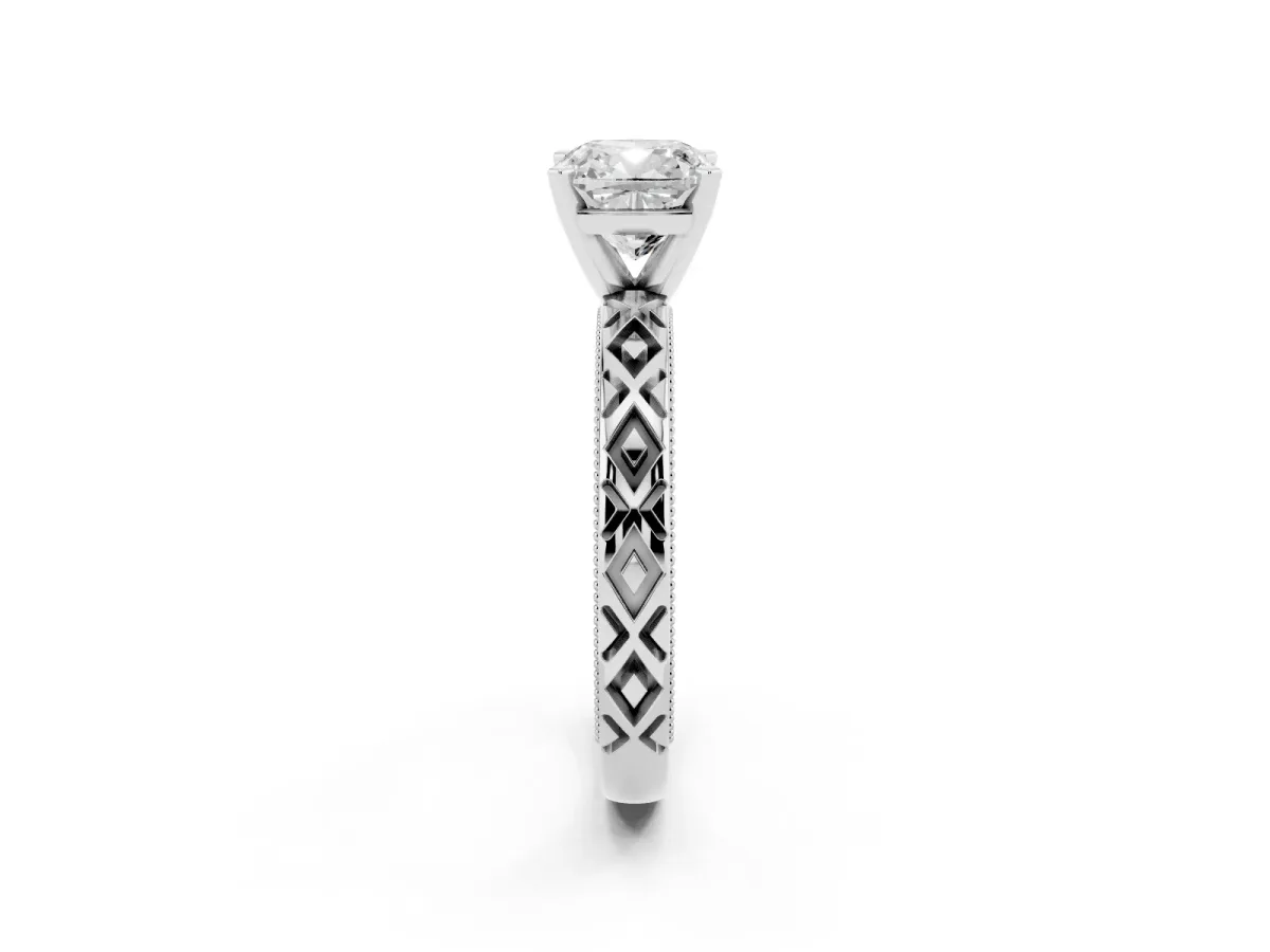 Cushion Cut Solitaire Diamond Ring with Milgrain and Black Enamel X Pattern Band Silver