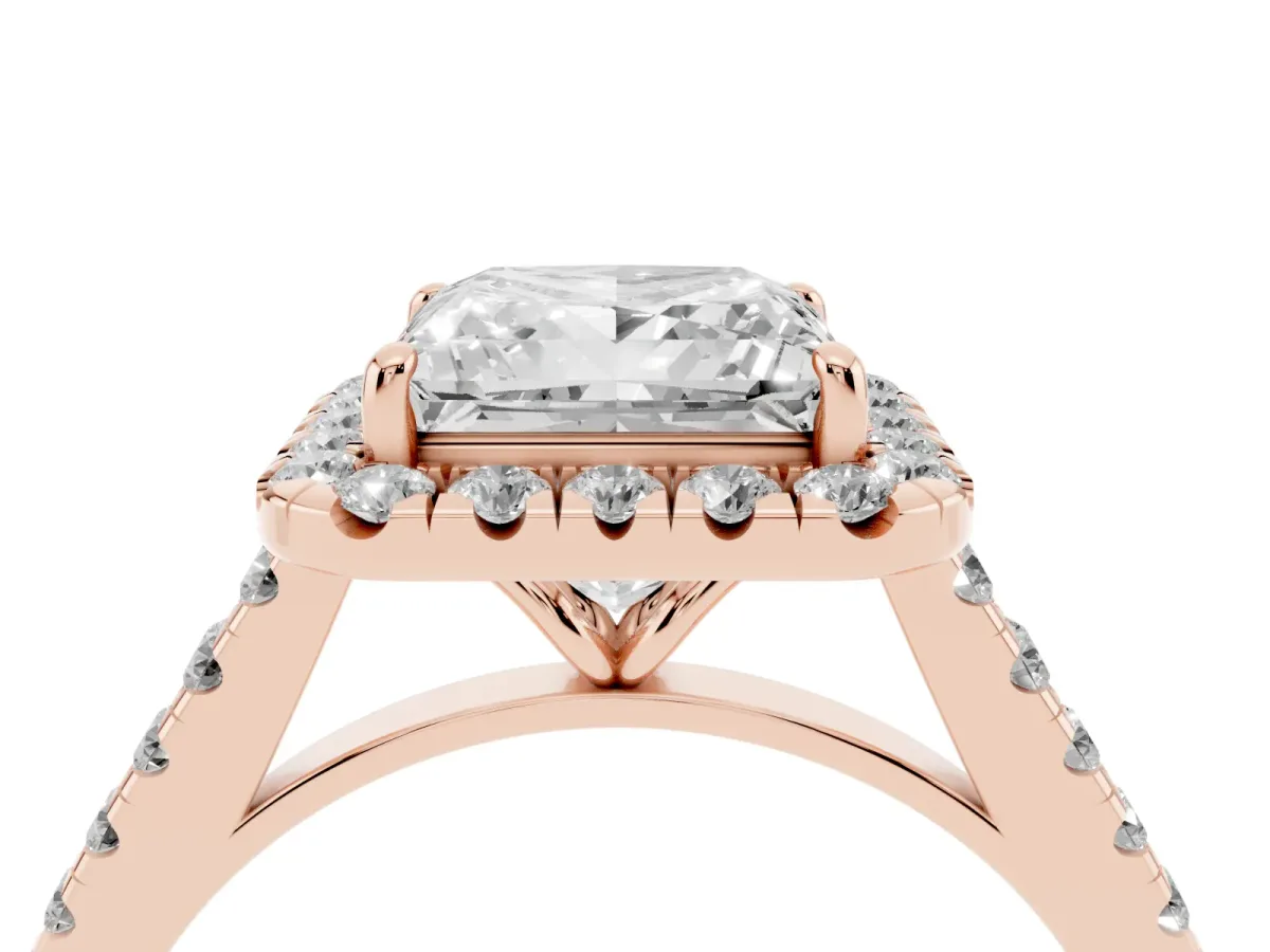 Princess Cut Halo Pave Diamond Engagement Ring with Four-Prong Setting Rose gold