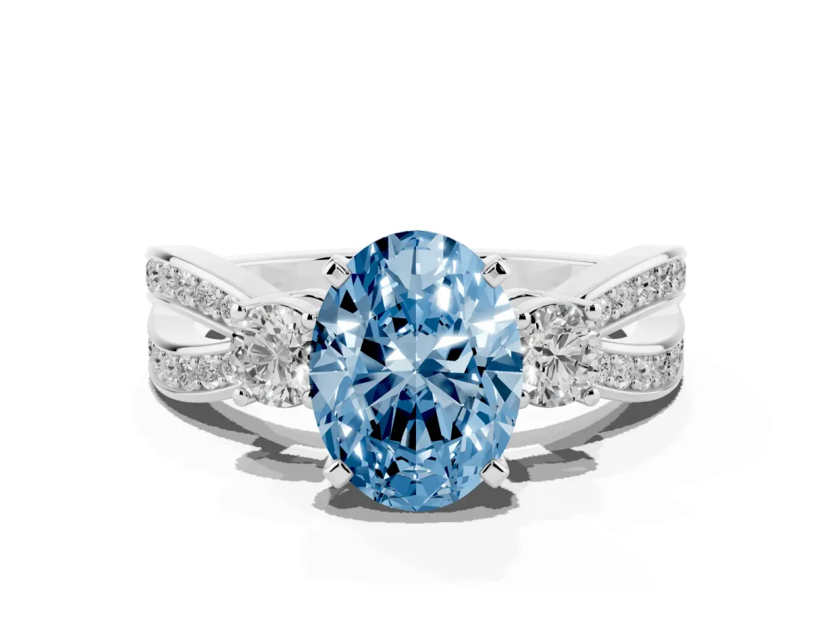 Fancy Blue Three-Stone Oval Cut Cut Diamond Twist Band with Prong Setting Platinum