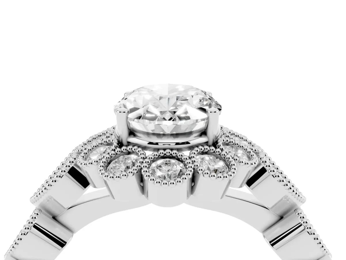 Oval Cut Brilliant Milgrain Pave Heart Band Solitaire Ring Silver