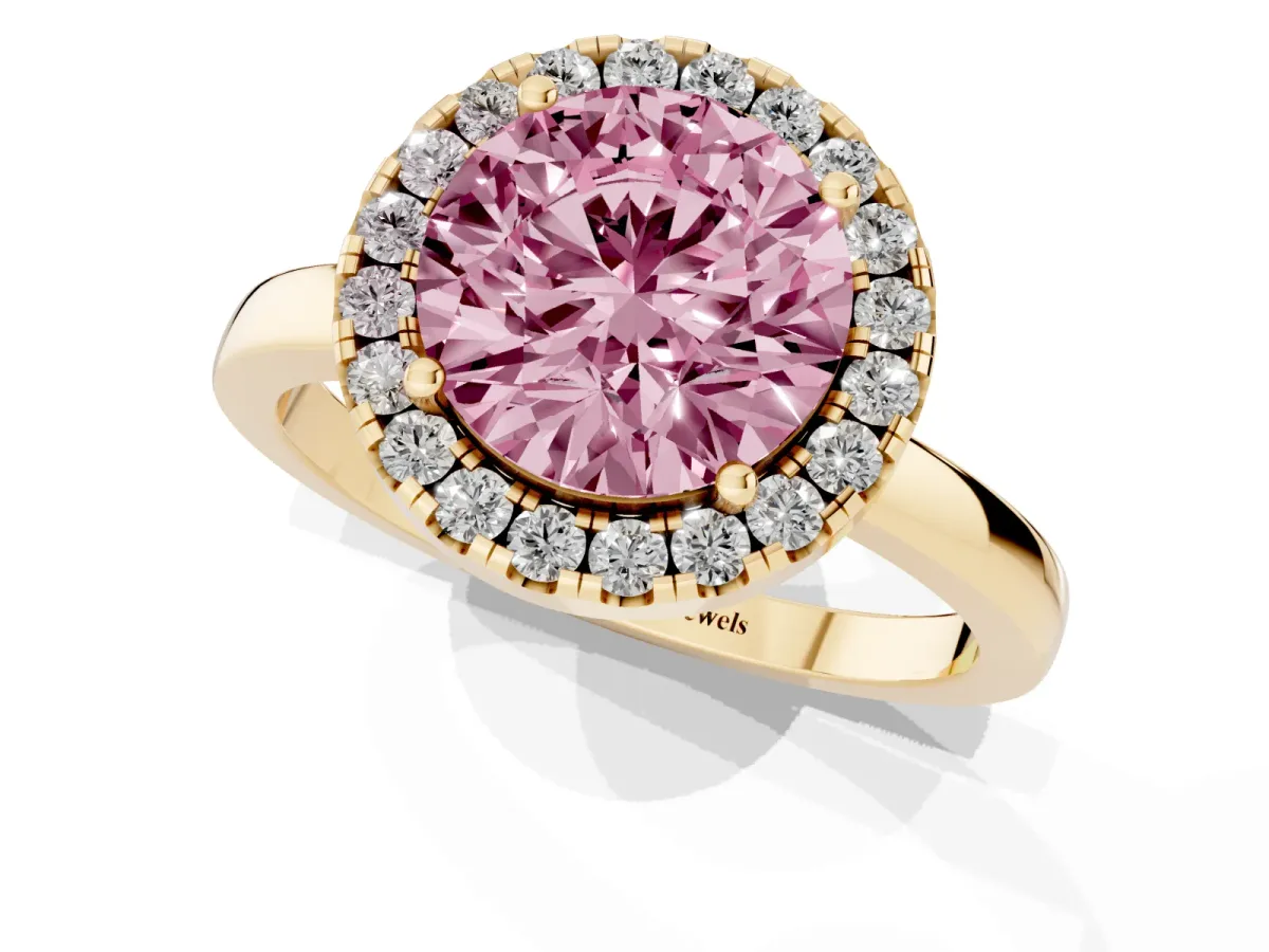 Fancy Pink Round Cut Halo Diamond Solitaire with Pavé Band and Four-Prong Setting Yellow gold
