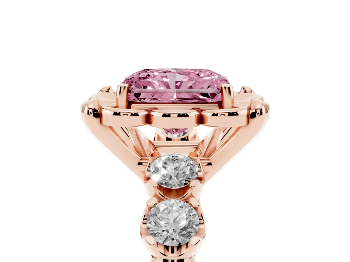 Fancy Pink Radiant Cut Cut Diamond Floral Halo Engagement Ring with Shared Prong Setting Rose gold
