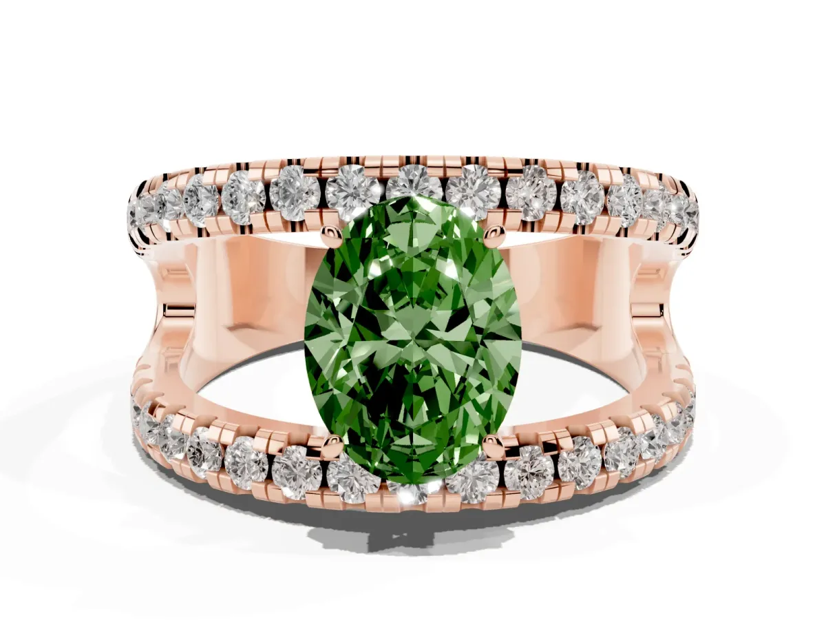 Fancy Green Oval Cut Solitaire Split Shank Pave Diamond Ring Rose gold