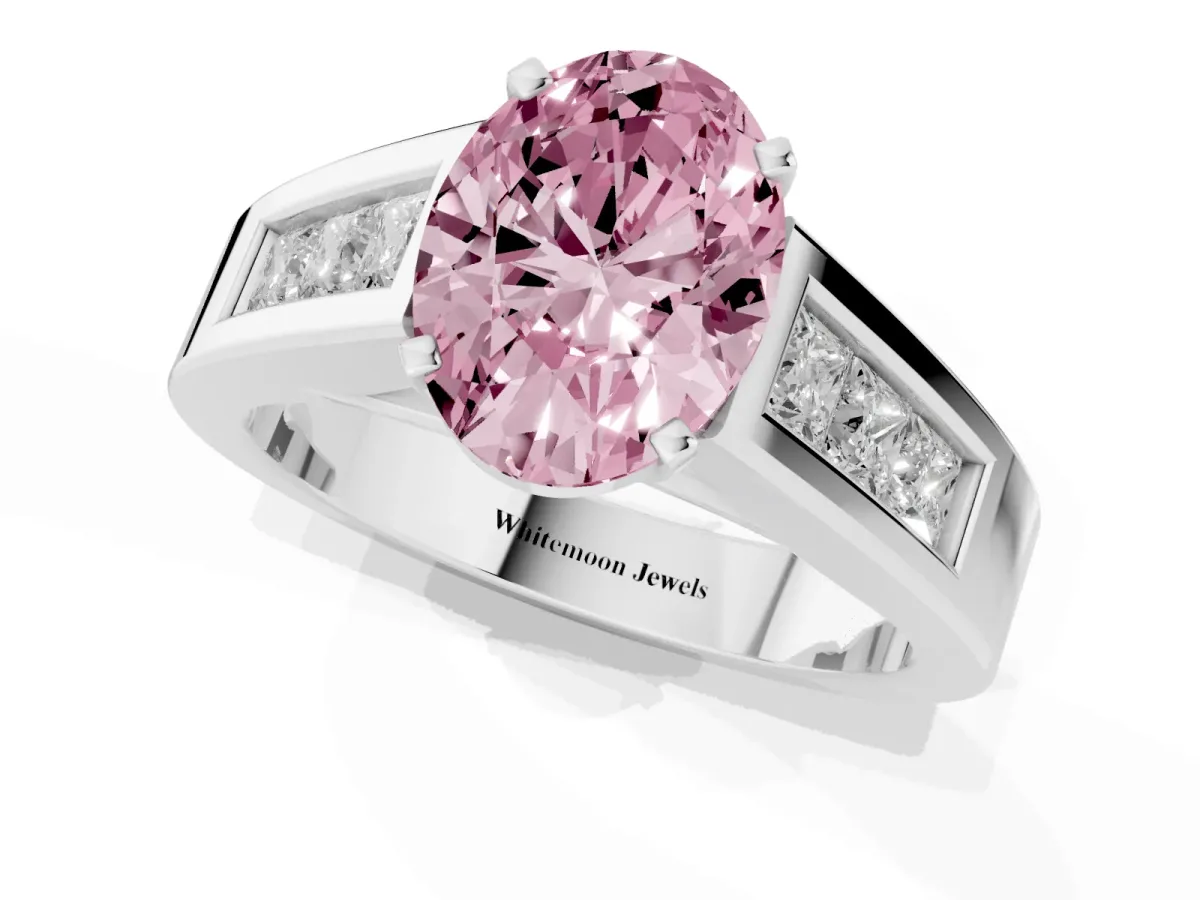 Fancy Pink Oval Cut Cut Channel Set Solitaire Ring with Four-Prong Setting Platinum