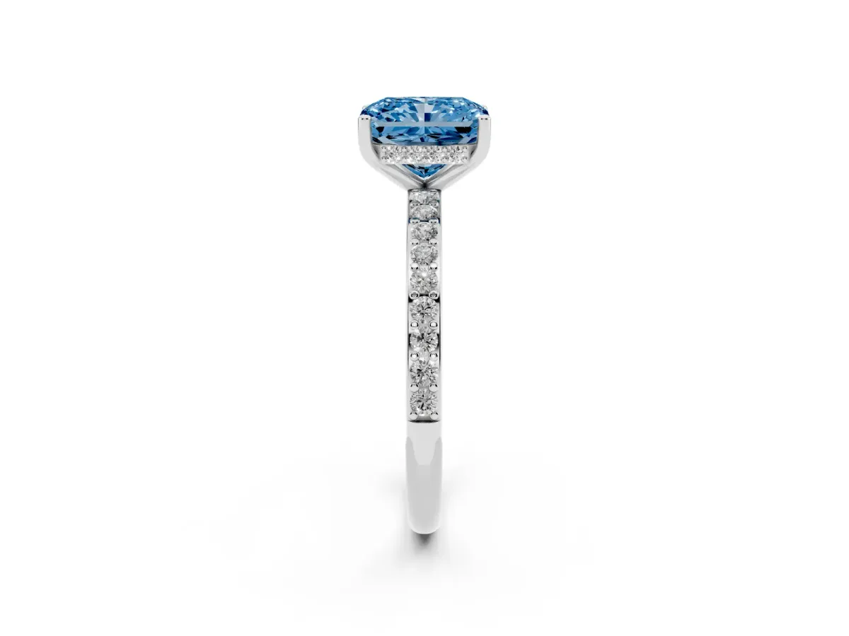 Fancy Blue Radiant Cut Cut Diamond Pavé Band Ring with Four-Prong Setting Platinum