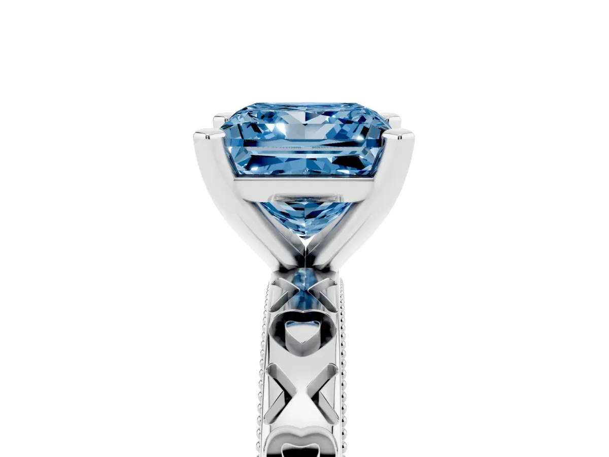 Fancy Blue Princess Cut Solitaire Diamond Engagement Ring with XO Engraved Band and Four-Prong Setting Silver