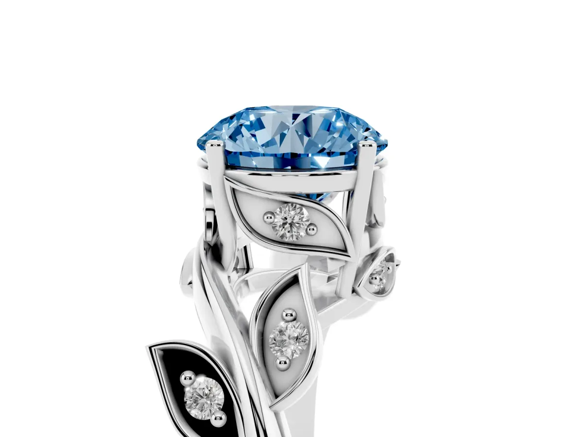 Fancy Blue Round Cut Solitaire Twist Engagement Ring with Leaf Accents and Prong Setting Silver