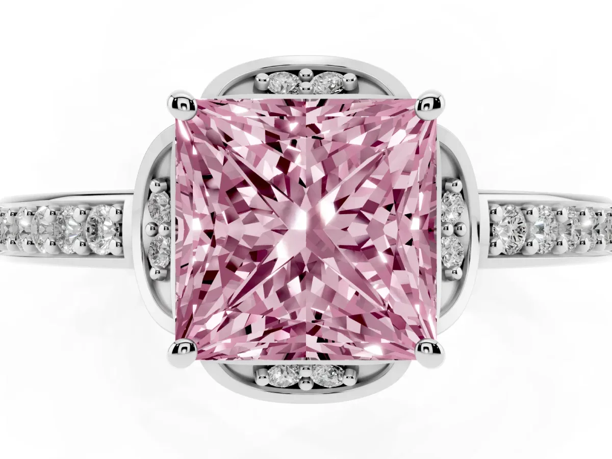 Fancy Pink Princess Cut Cut Halo Diamond Ring with Channel Set Band and Four-Prong Setting Platinum