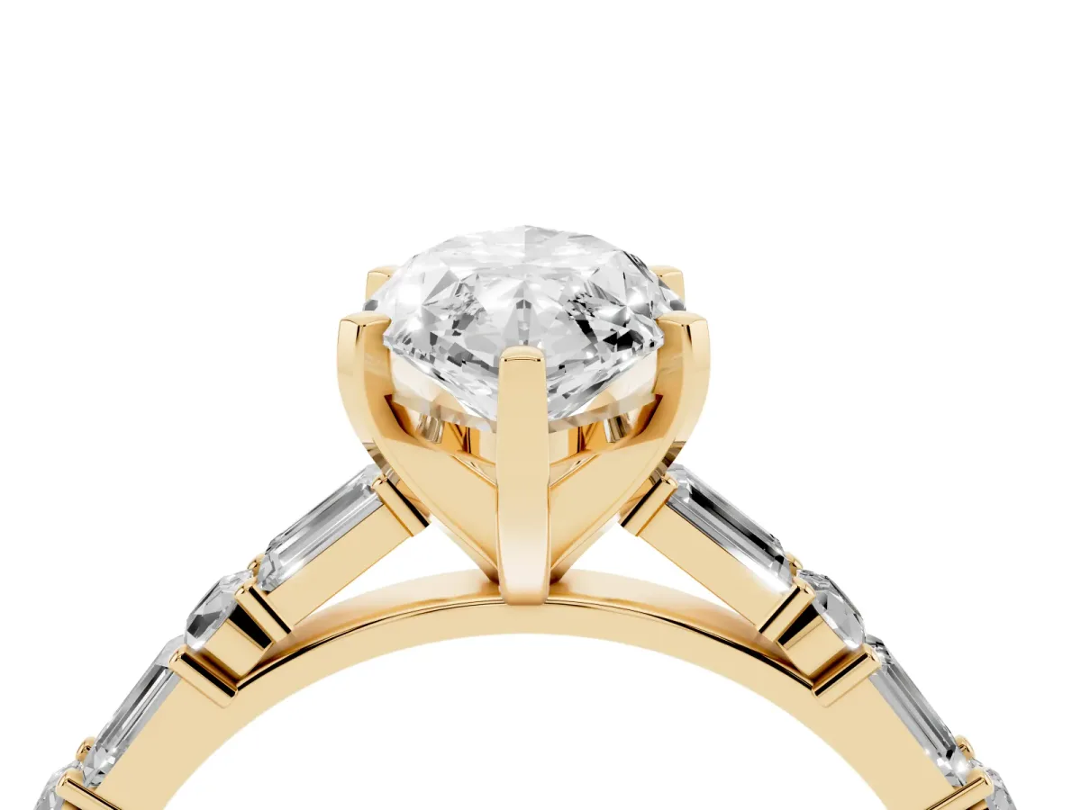 Marquise Cut Diamond Solitaire with Side Baguettes and Channel Set Band Yellow gold