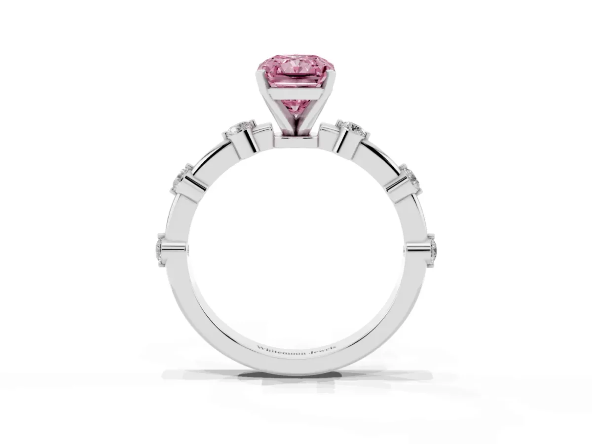 Fancy Pink Radiant Cut Solitaire Diamond Ring with Bezel Set Side Stones and Prong Setting Silver