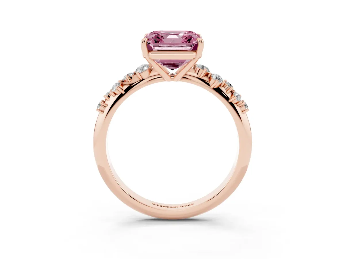 Fancy Pink Asscher Cut Diamond Cluster Side Stone Solitaire Ring with Prong Setting Rose gold