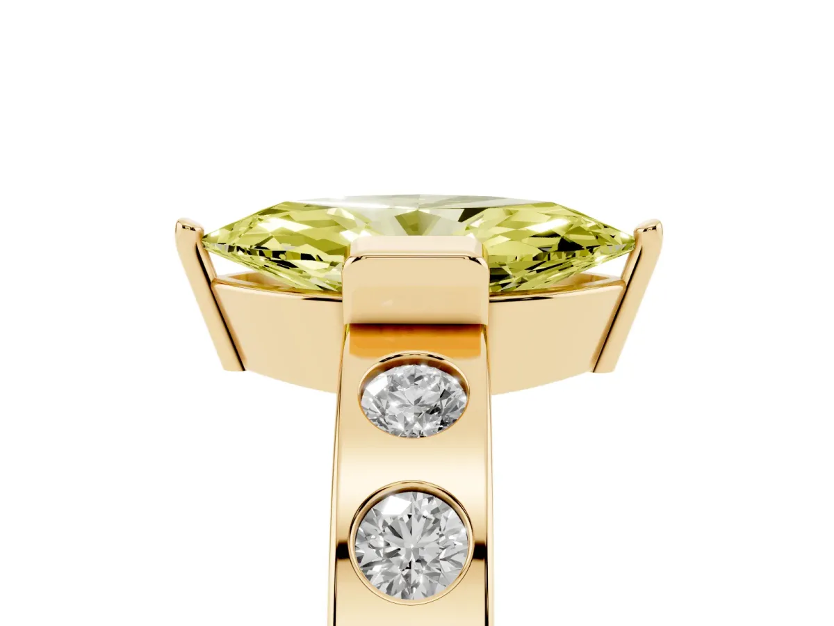 Fancy Yellow Marquise Cut Brilliant Channel-Set Diamond Ring with Bezel Prong Setting Yellow gold