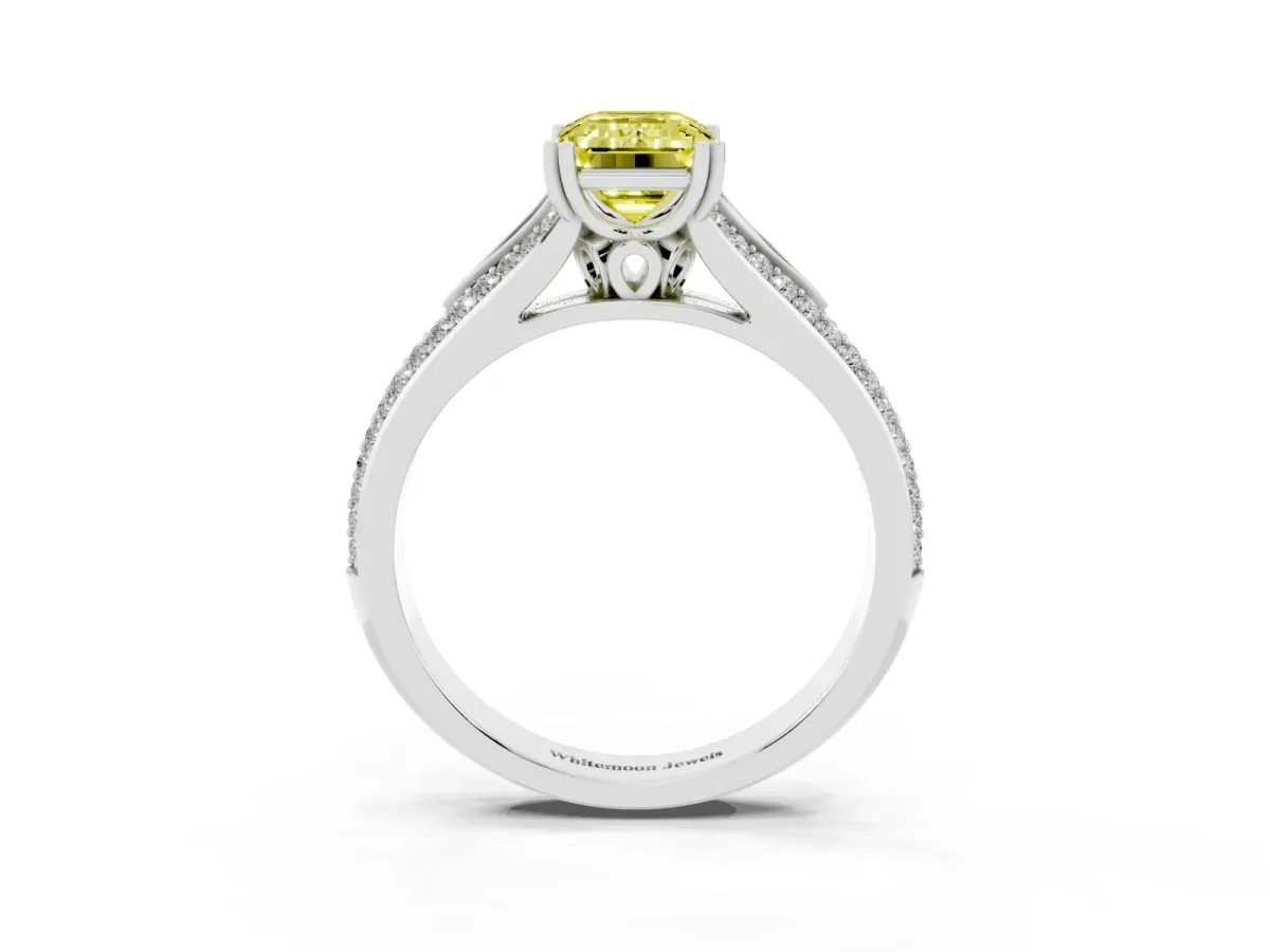 Fancy Yellow Emerald Cut Diamond Split Shank Engagement Ring with Pavé Band Silver