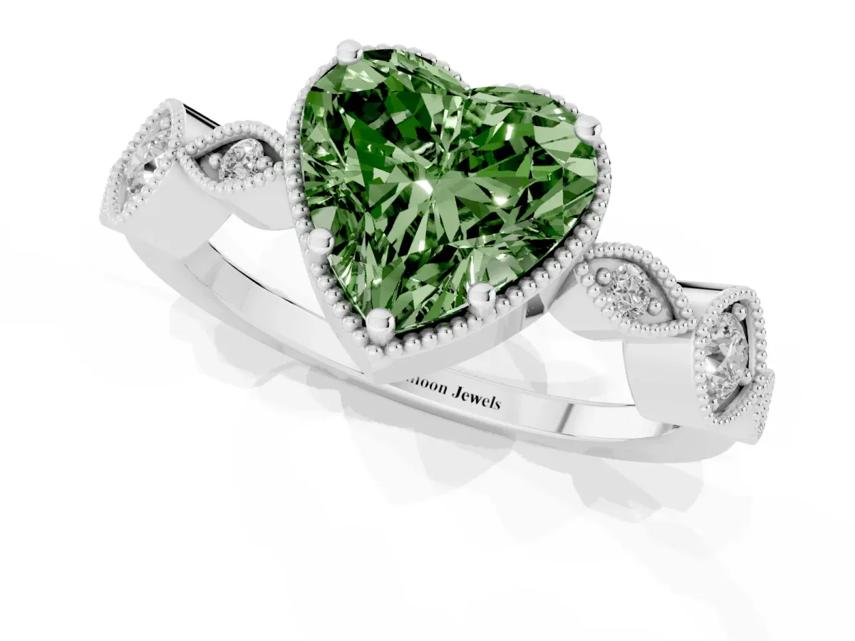 Fancy Green Heart Cut Diamond Vintage Milgrain Ring with Round Stations Silver