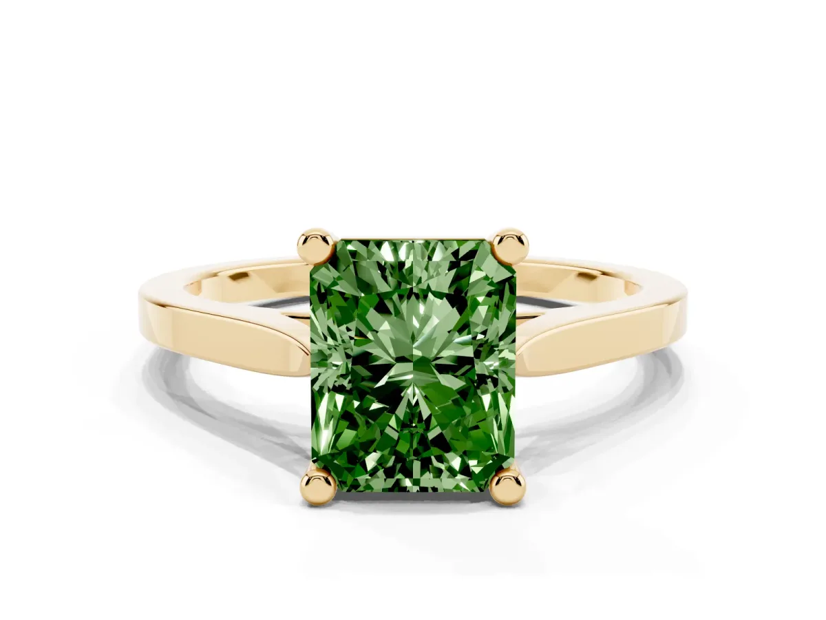 Fancy Green Radiant Cut Solitaire Diamond Ring with Four-Prong Setting and Tapered Band Yellow gold