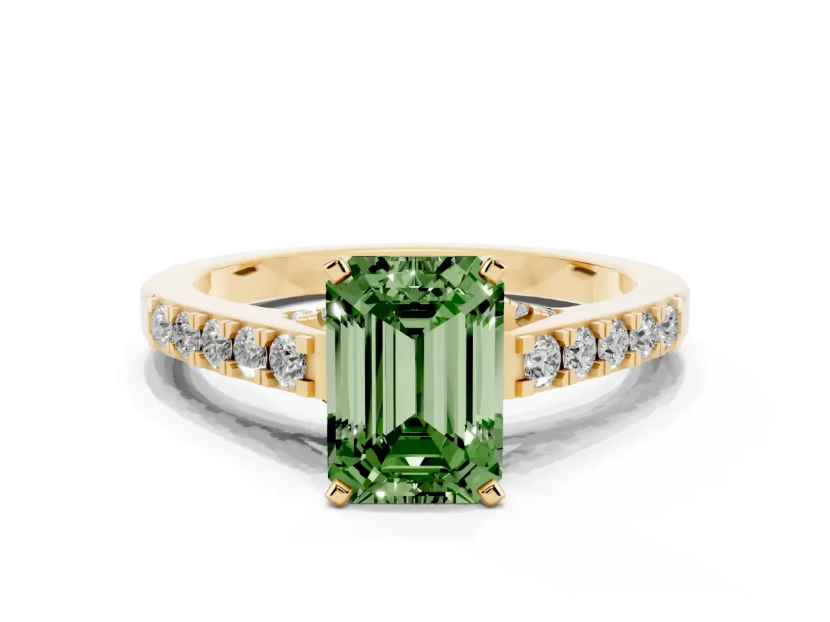 Fancy Green Emerald Cut Diamond Solitaire Ring with Crossover Gallery and Round Pavé Band Yellow gold