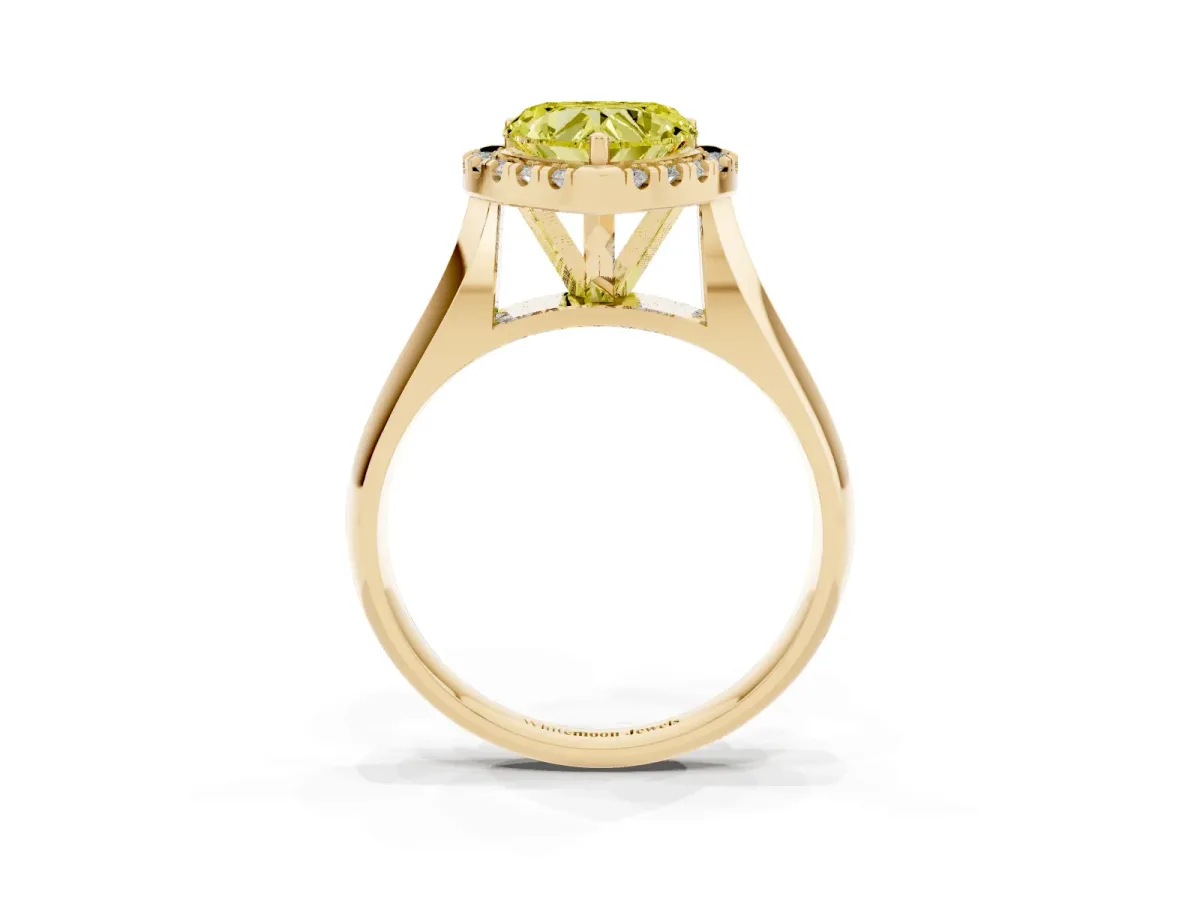 Fancy Yellow Heart Cut Cut Halo Solitaire Engagement Ring with Square Band and Four-Prong Setting Yellow gold