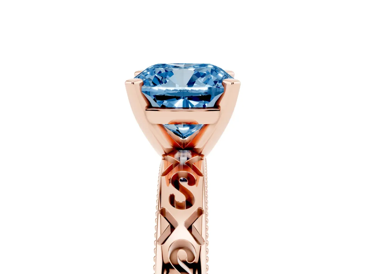 Fancy Blue Cushion Cut Solitaire Engagement Ring with Scrollwork Band and Four-Prong Setting Rose gold