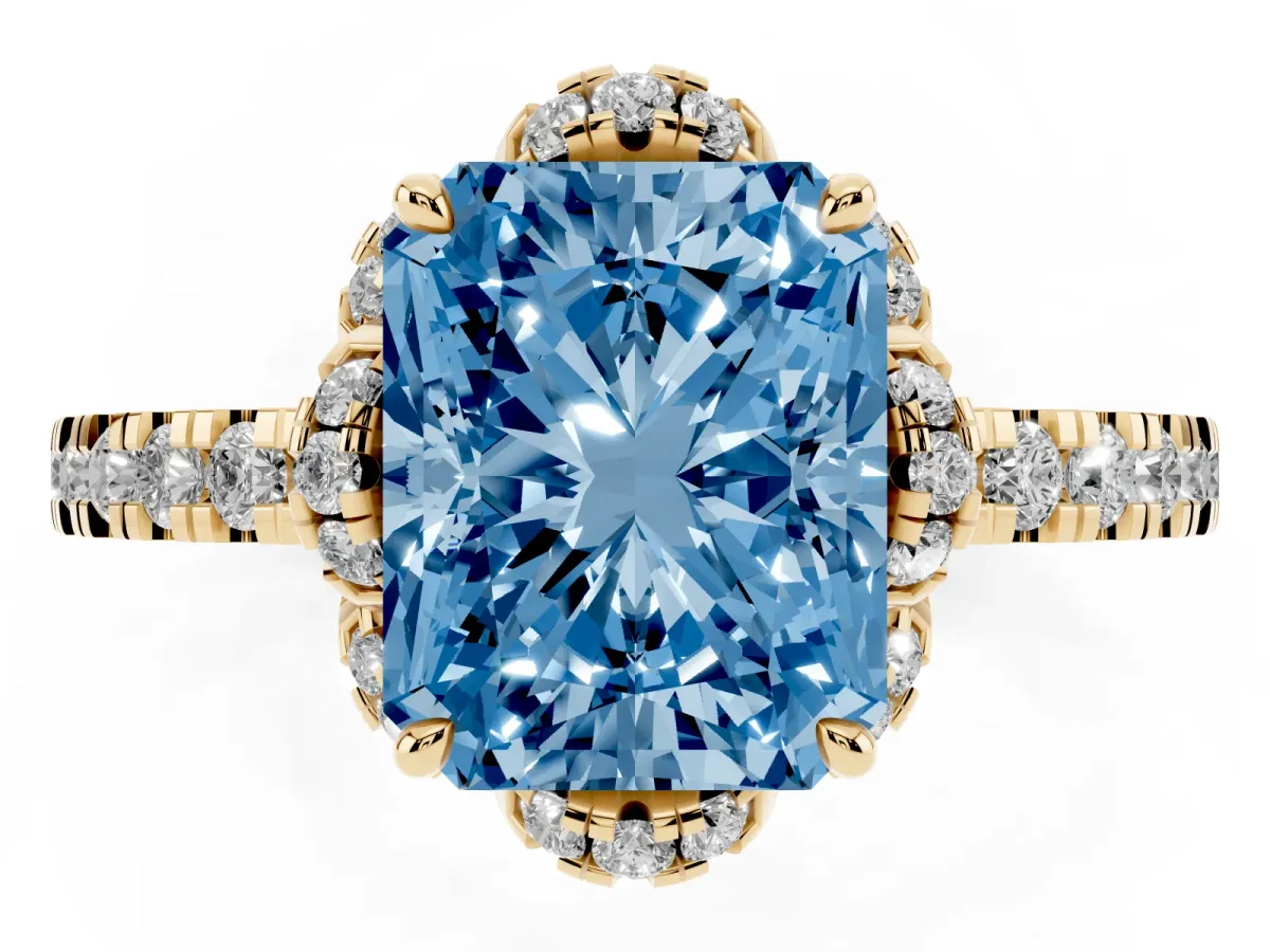 Fancy Blue Radiant Cut Diamond Halo Pave Band with Four-Prong Setting Yellow gold