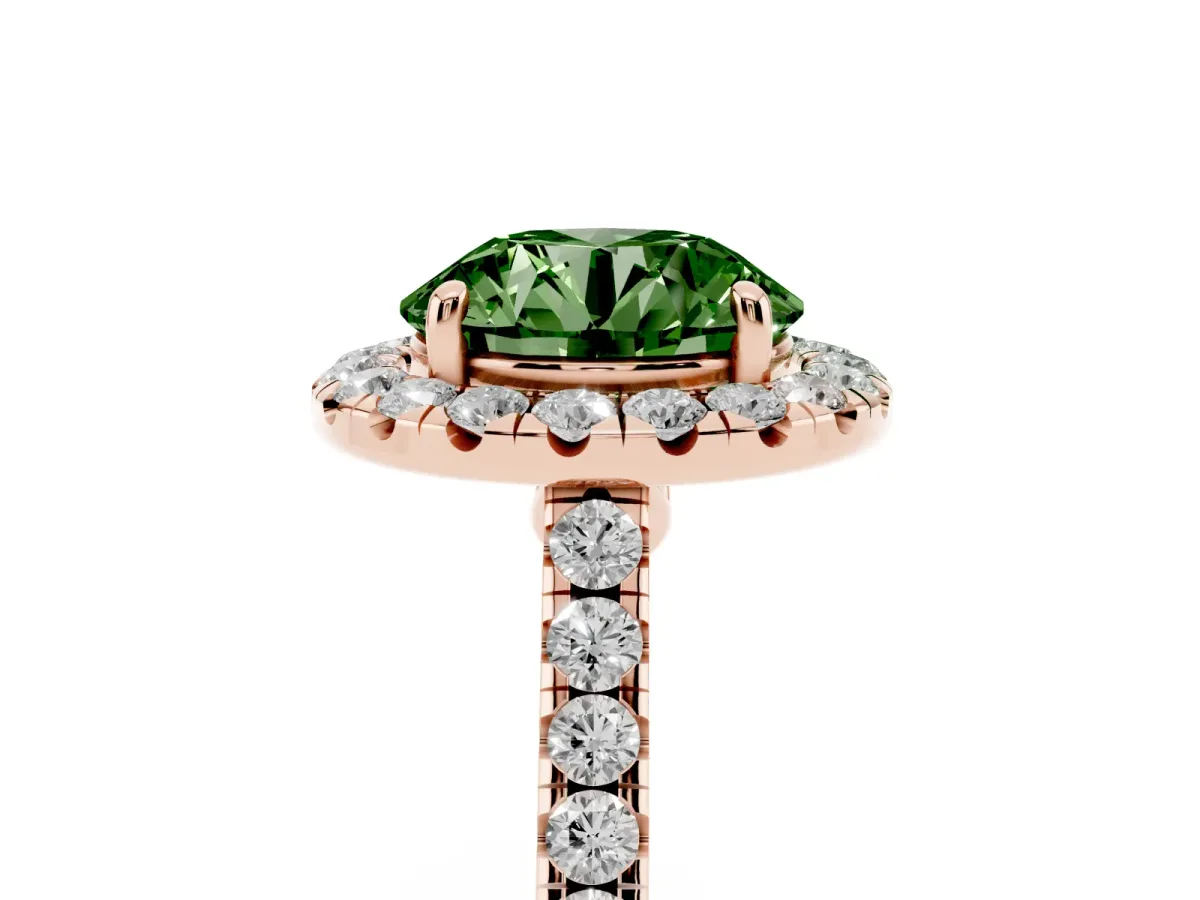 Fancy Green Round Cut Halo Pave Diamond Engagement Ring with Four-Prong Setting Rose gold