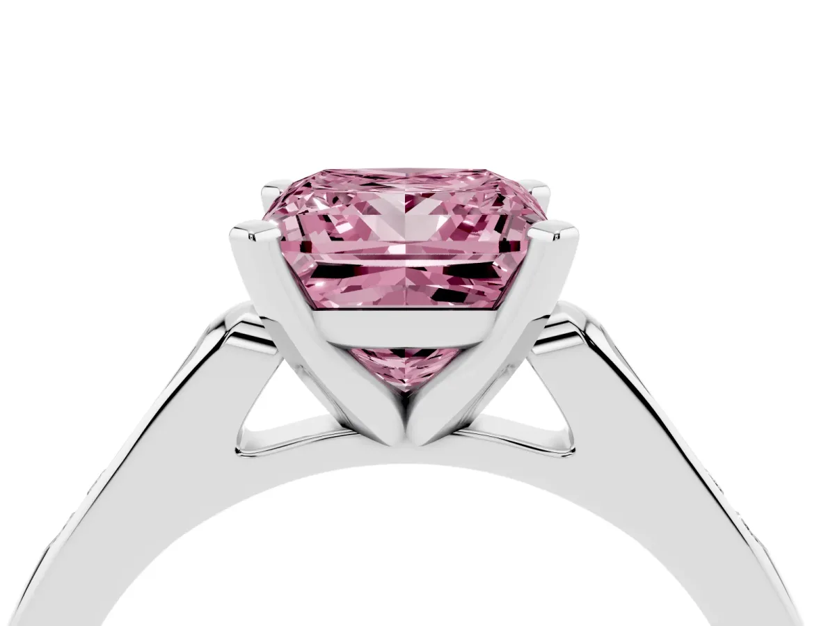 Fancy Pink Princess Cut Diamond Solitaire Ring with Channel Set Round Band and Prong Setting White gold