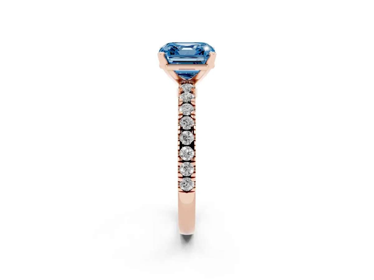 Fancy Blue Asscher Cut Solitaire Diamond with Pavé Band and Four-Prong Setting Rose gold