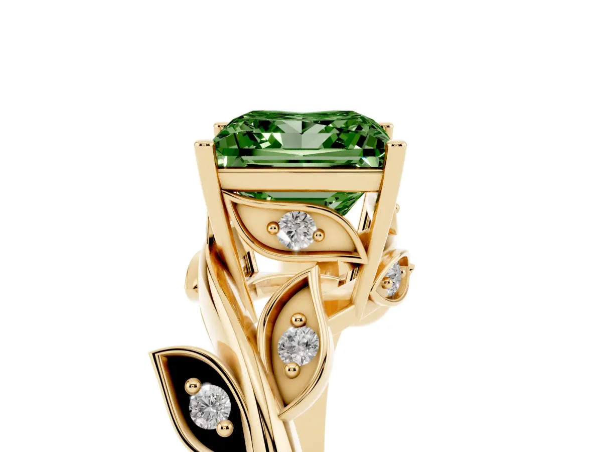 Fancy Green Princess Cut Solitaire Twist Engagement Ring with Leaf Accents and Prong Setting Yellow gold