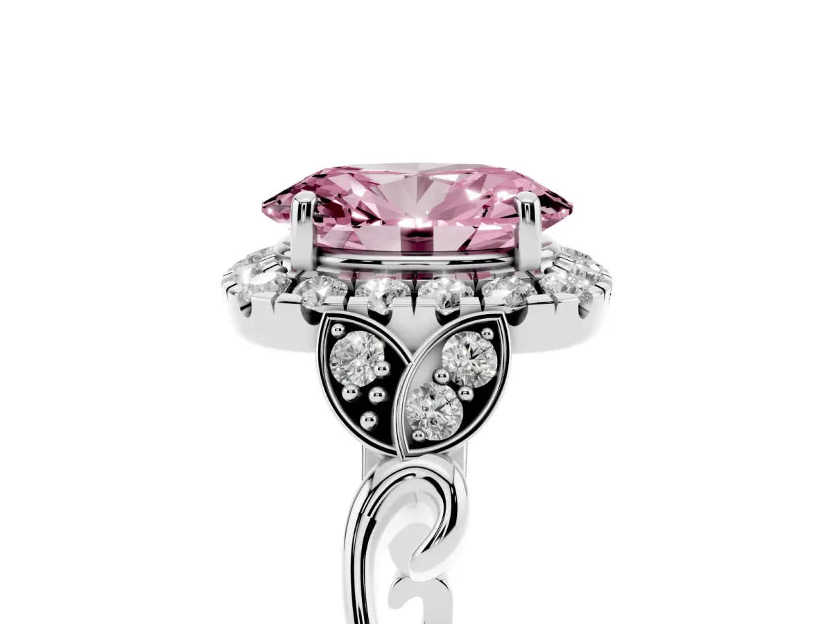 Fancy Pink Oval Cut Halo Diamond Engagement Ring with Vintage-Inspired Band and Four-Prong Setting White gold