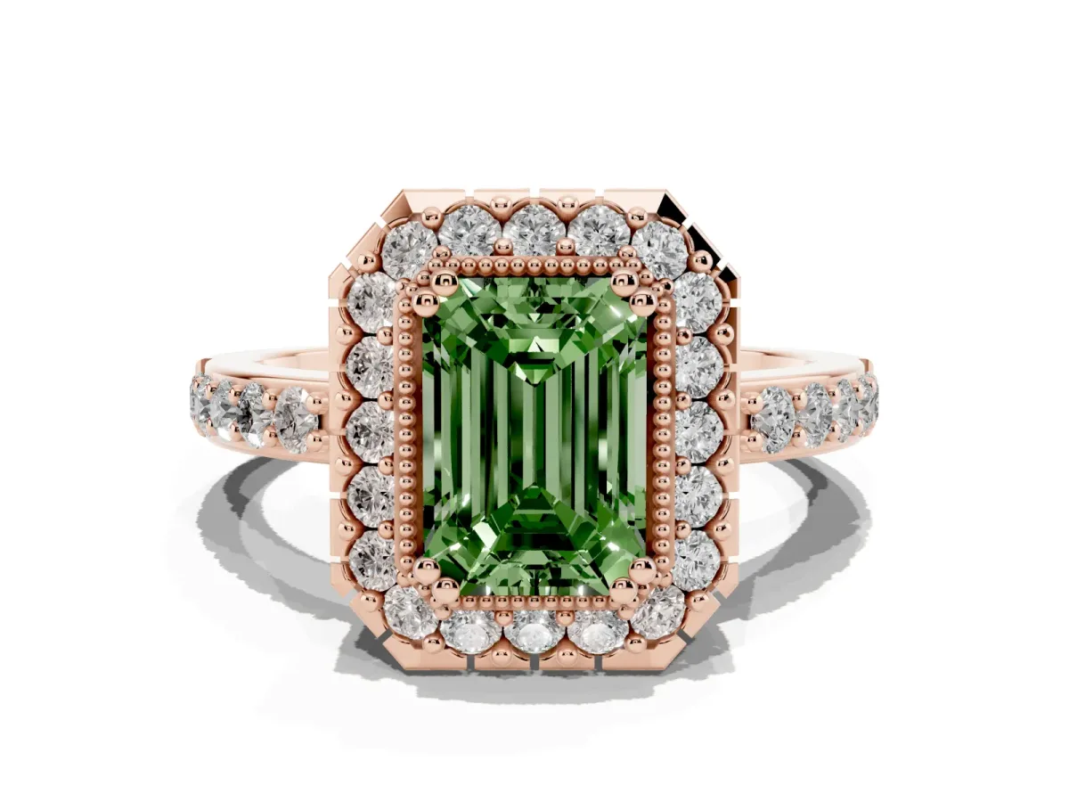 Fancy Green Emerald Cut Diamond Halo Ring with Pavé Band and Prong Setting Rose gold