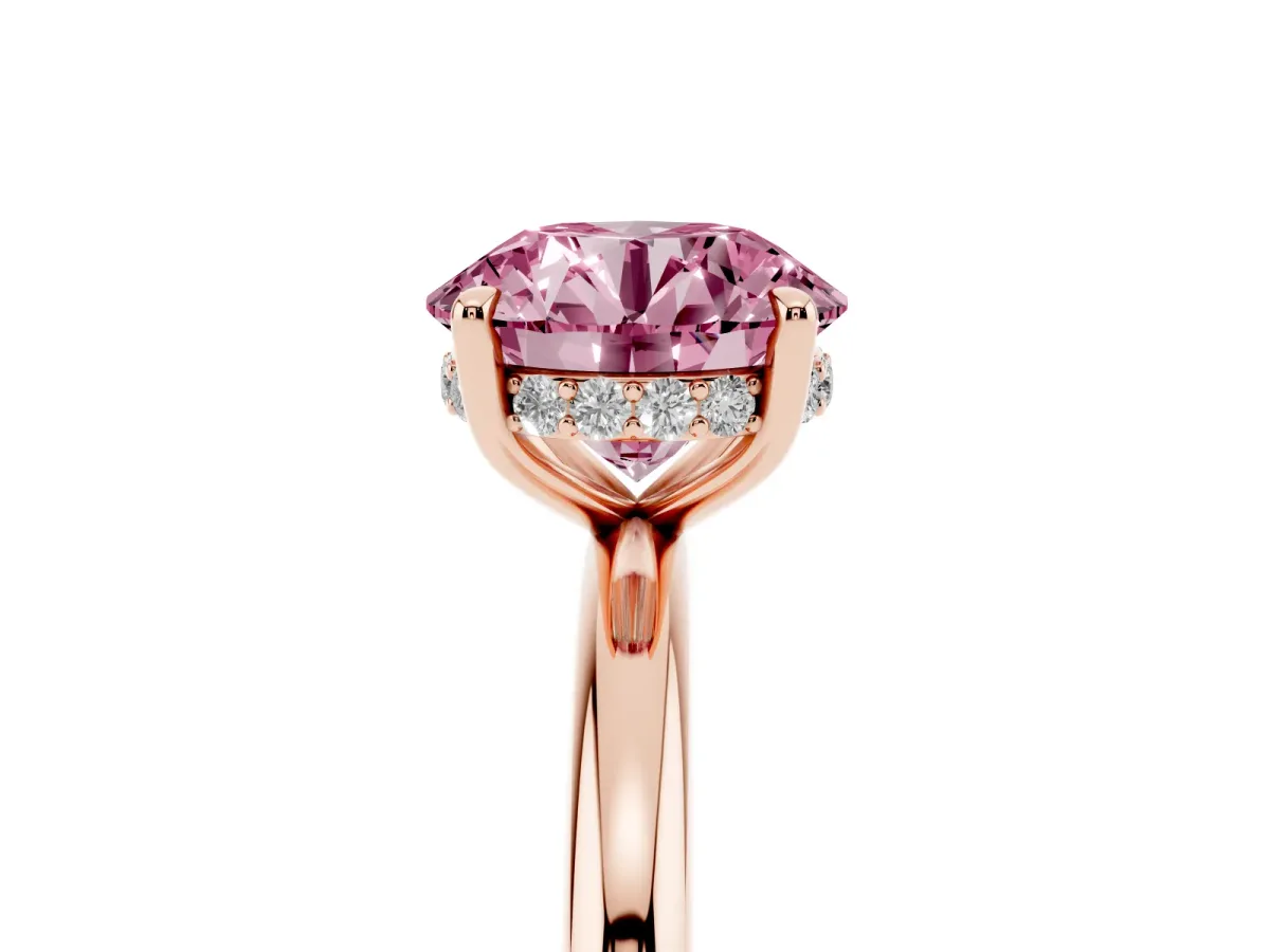 Fancy Pink Round Cut Diamond Solitaire Ring with Thin Band and Four-Prong Setting Rose gold
