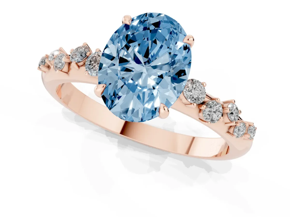 Fancy Blue Oval Cut Diamond Cluster Prong-Set Solitaire Ring Rose gold