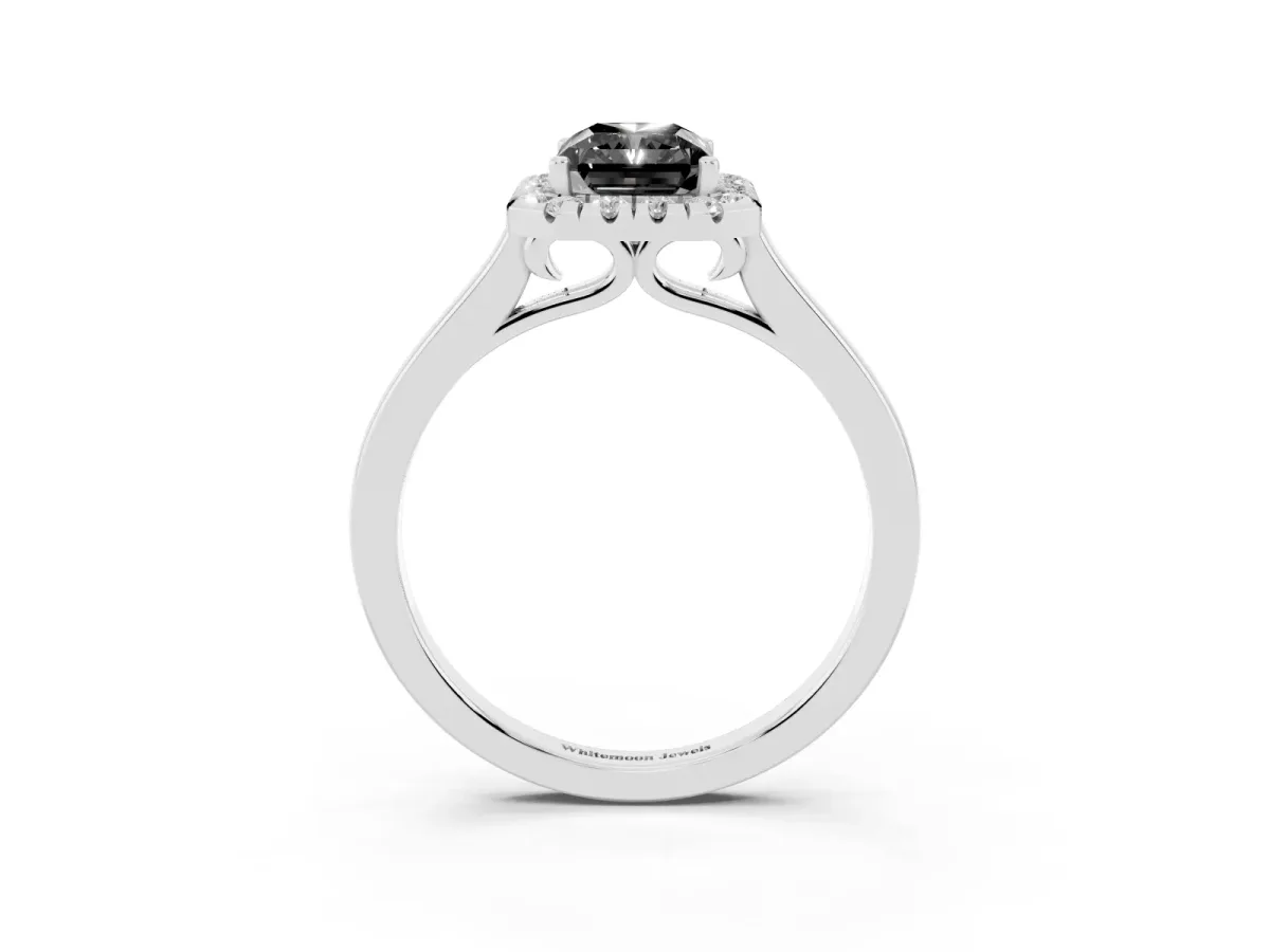 Fancy Black Radiant Cut Halo Round Diamond Solitaire Ring with Pavé Band and Four-Prong Setting Platinum