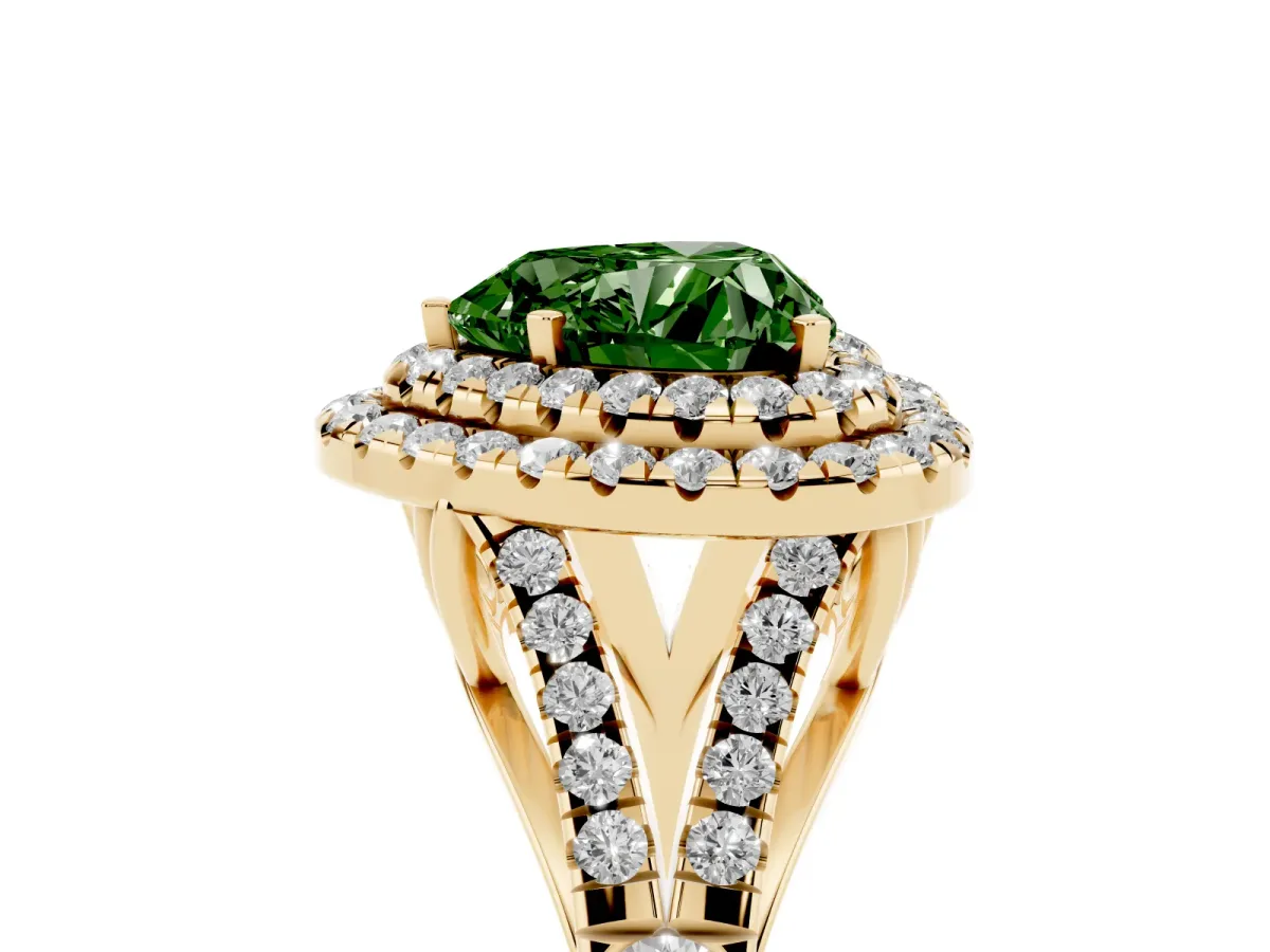 Fancy Green Heart Cut Cut Double Halo Split Shank Diamond Ring with Prong Setting Yellow gold