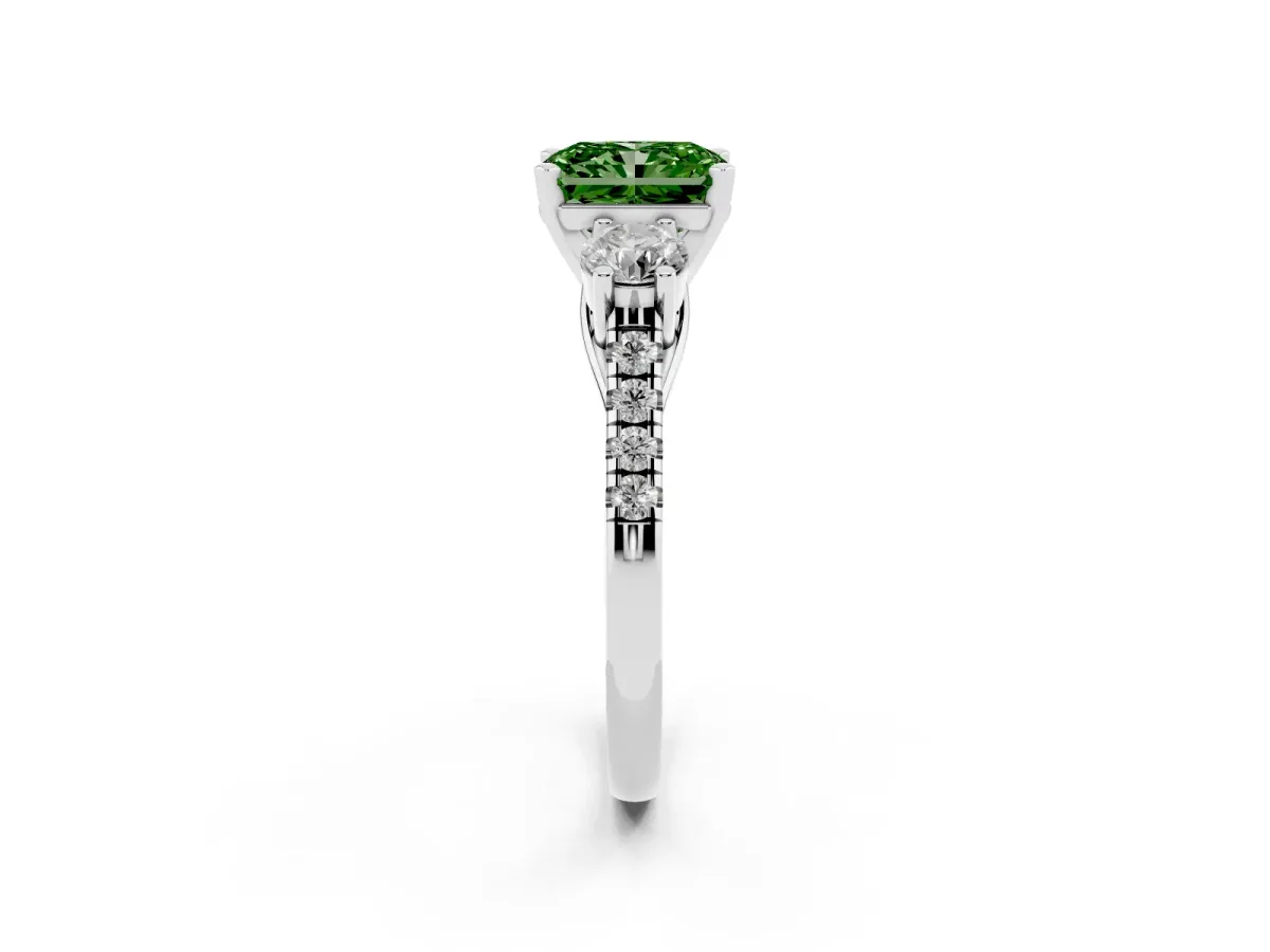 Fancy Green Three-Stone Radiant Cut Diamond Pavé Band with Four-Prong Setting Silver