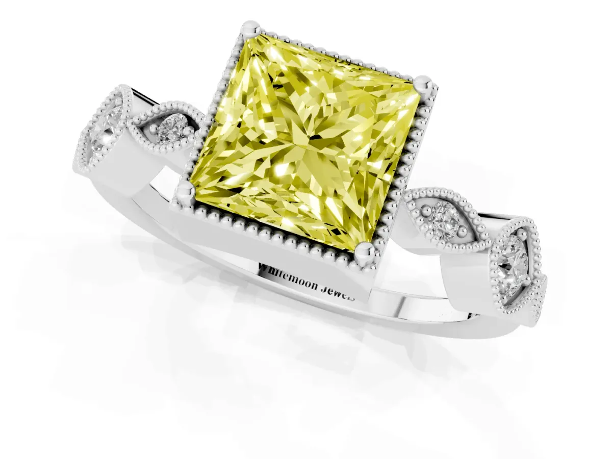 Fancy Yellow Princess Cut Diamond Vintage Milgrain Ring with Round Stations Silver