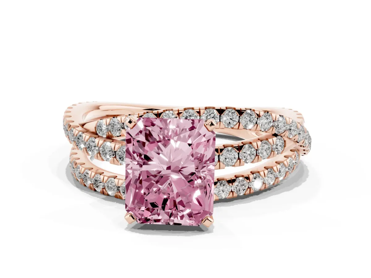 Fancy Pink Radiant Cut Solitaire Twist Band with Pavé Setting and Four-Prong Setting Rose gold