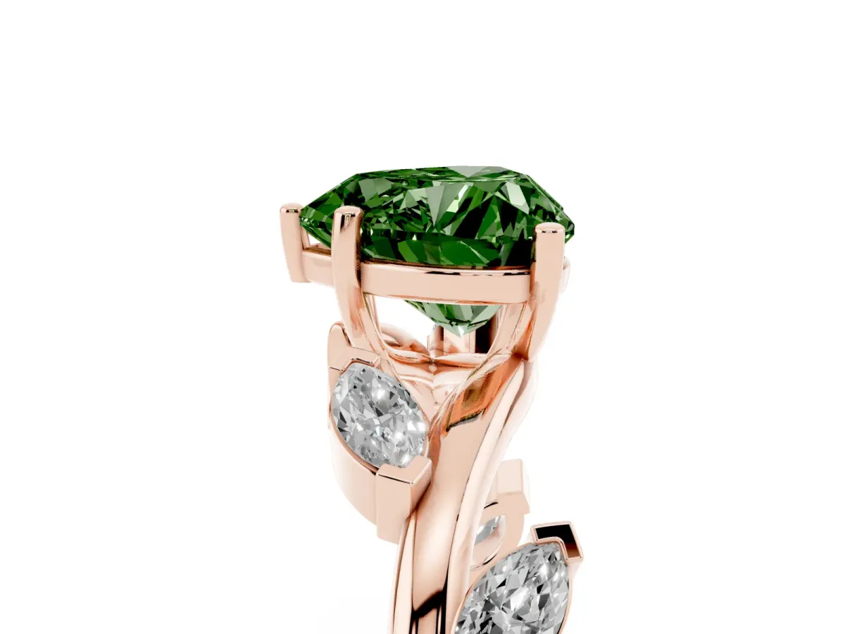 Fancy Green Heart Cut Solitaire Twisted Band Marquise Accent Prong Setting Ring Rose gold