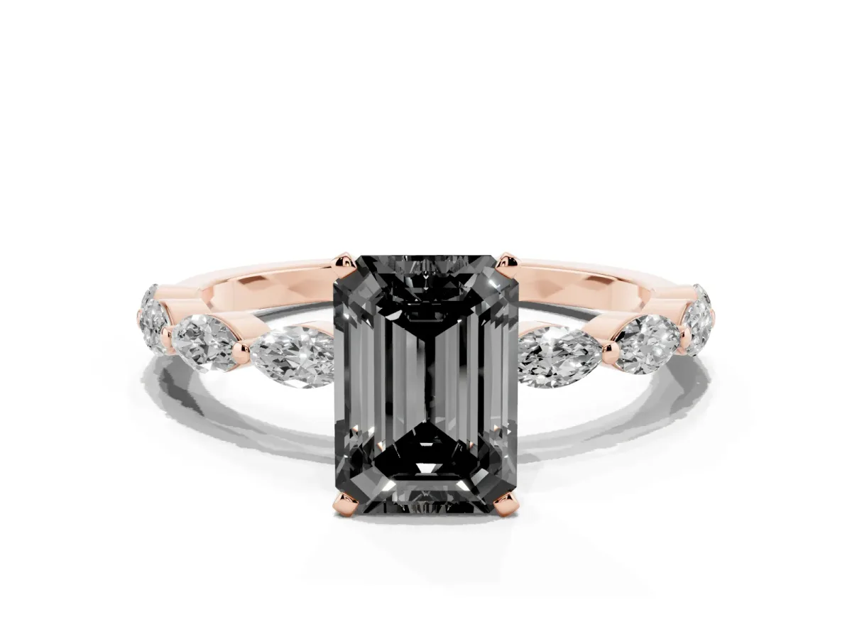 Fancy Black Emerald Cut Diamond Ring with Marquise Side Stones and Prong Setting Rose gold
