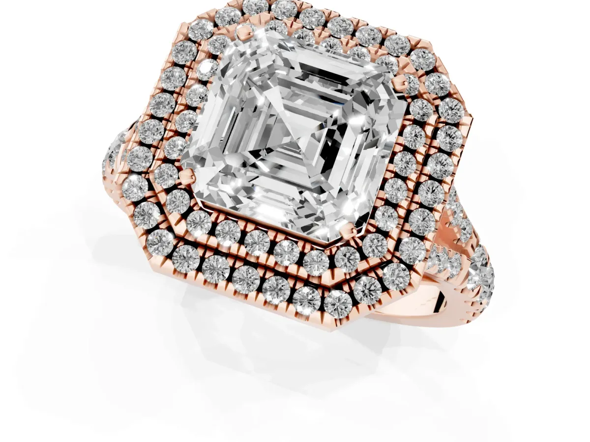 Asscher Cut Diamond Pavé Split Shank Double Halo Engagement Ring Rose gold