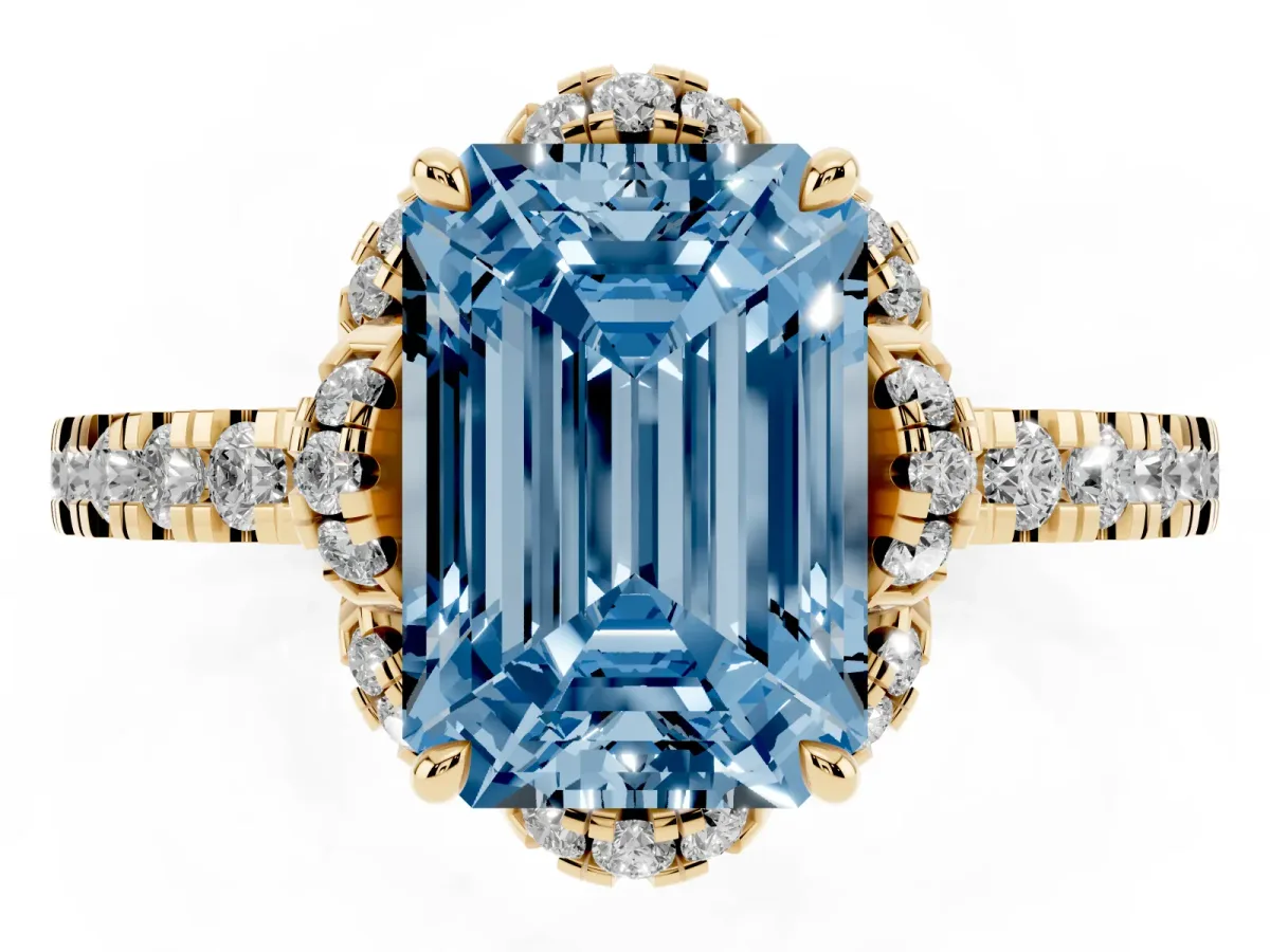 Fancy Blue Emerald Cut Halo Diamond Pave Band Ring with Four-Prong Setting Yellow gold