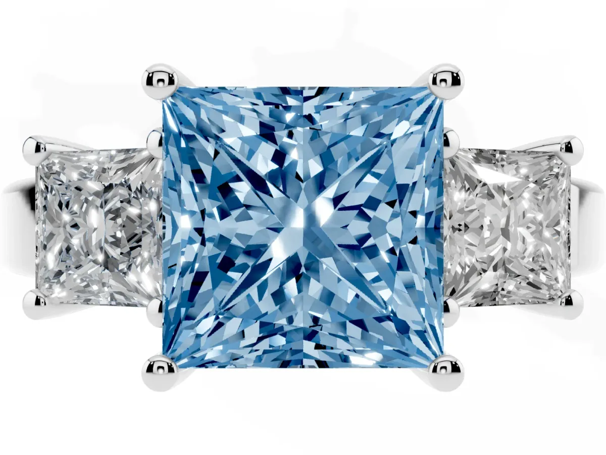 Fancy Blue Three-Stone Princess Cut Cut Solitaire Ring with Prong Setting White gold