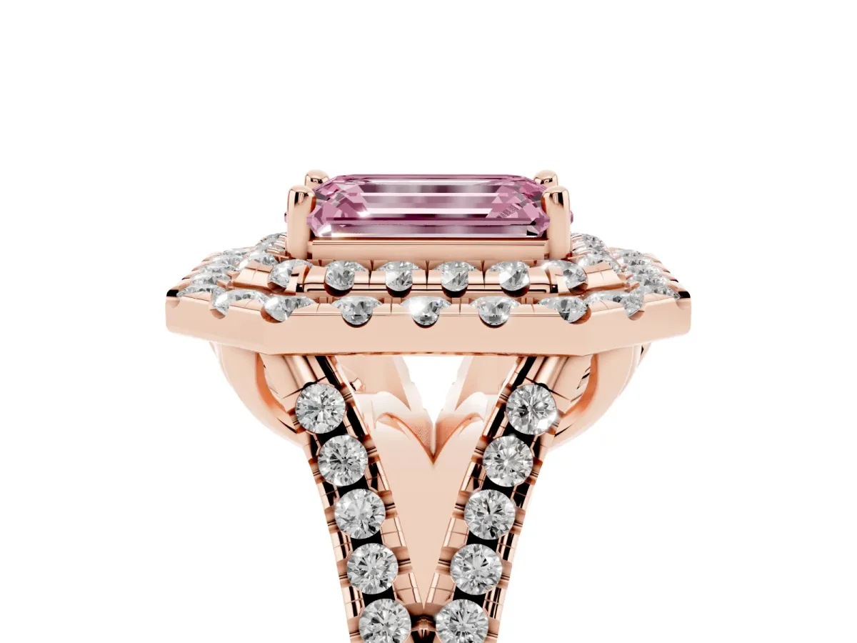 Fancy Pink Double Halo Emerald Cut Diamond Pavé Split Shank Ring with Prong Setting Rose gold