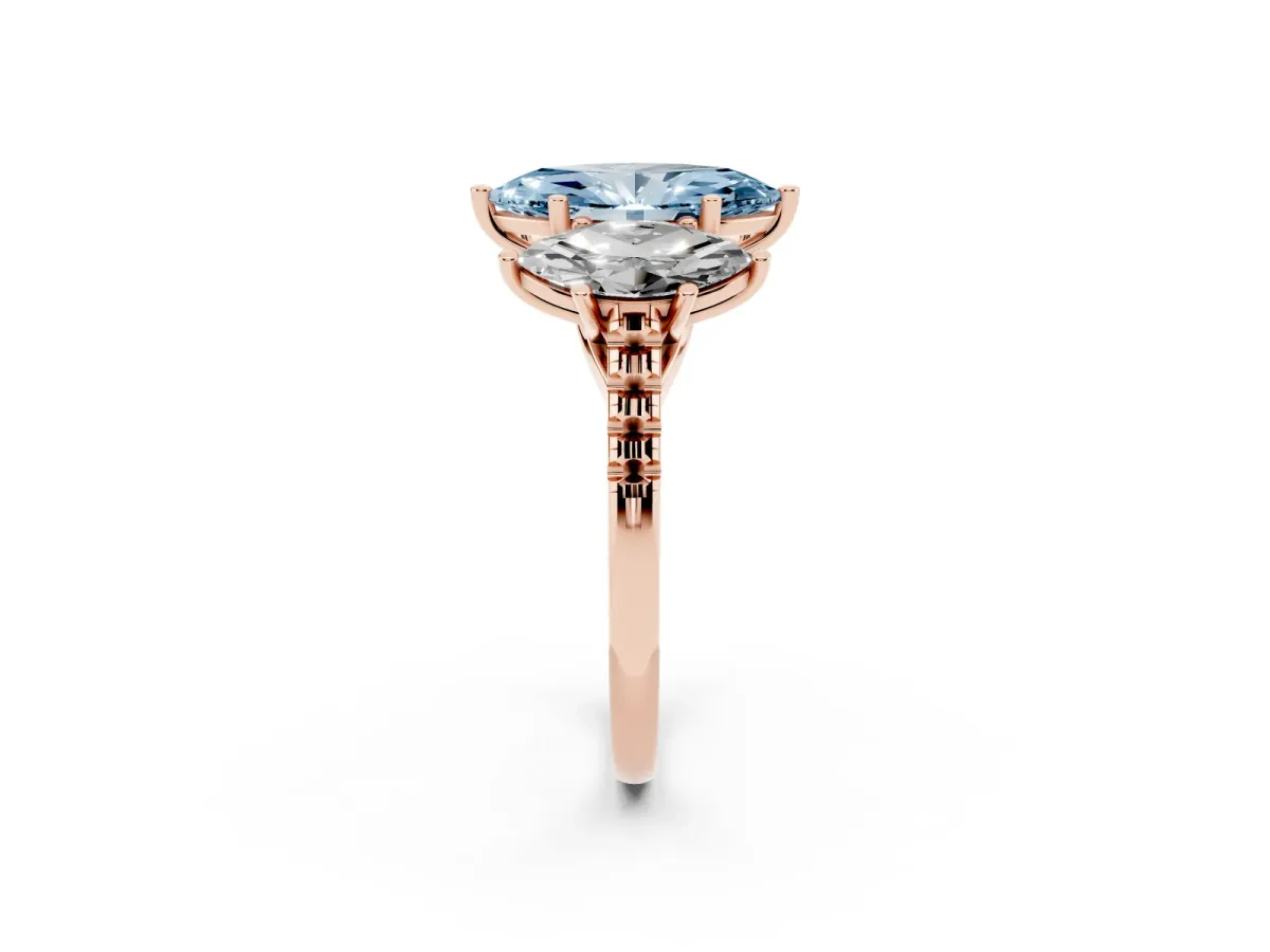 Fancy Blue Three-Stone Marquise Cut Diamond Ring with Round Pavé Band and Prong Setting Rose gold