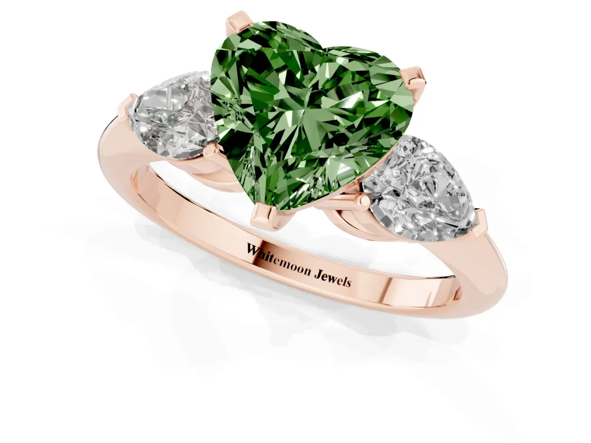 Fancy Green Three-Stone Heart Cut Diamond Ring with Pear Side Stones and Four-Prong Setting Rose gold