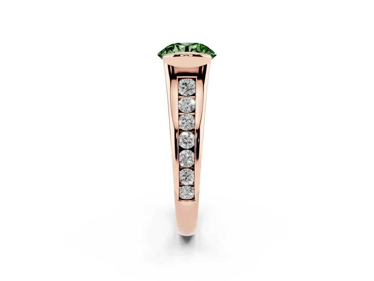 Fancy Green Round Cut Solitaire Bezel-Set Diamond Ring with Channel-Set Band Rose gold
