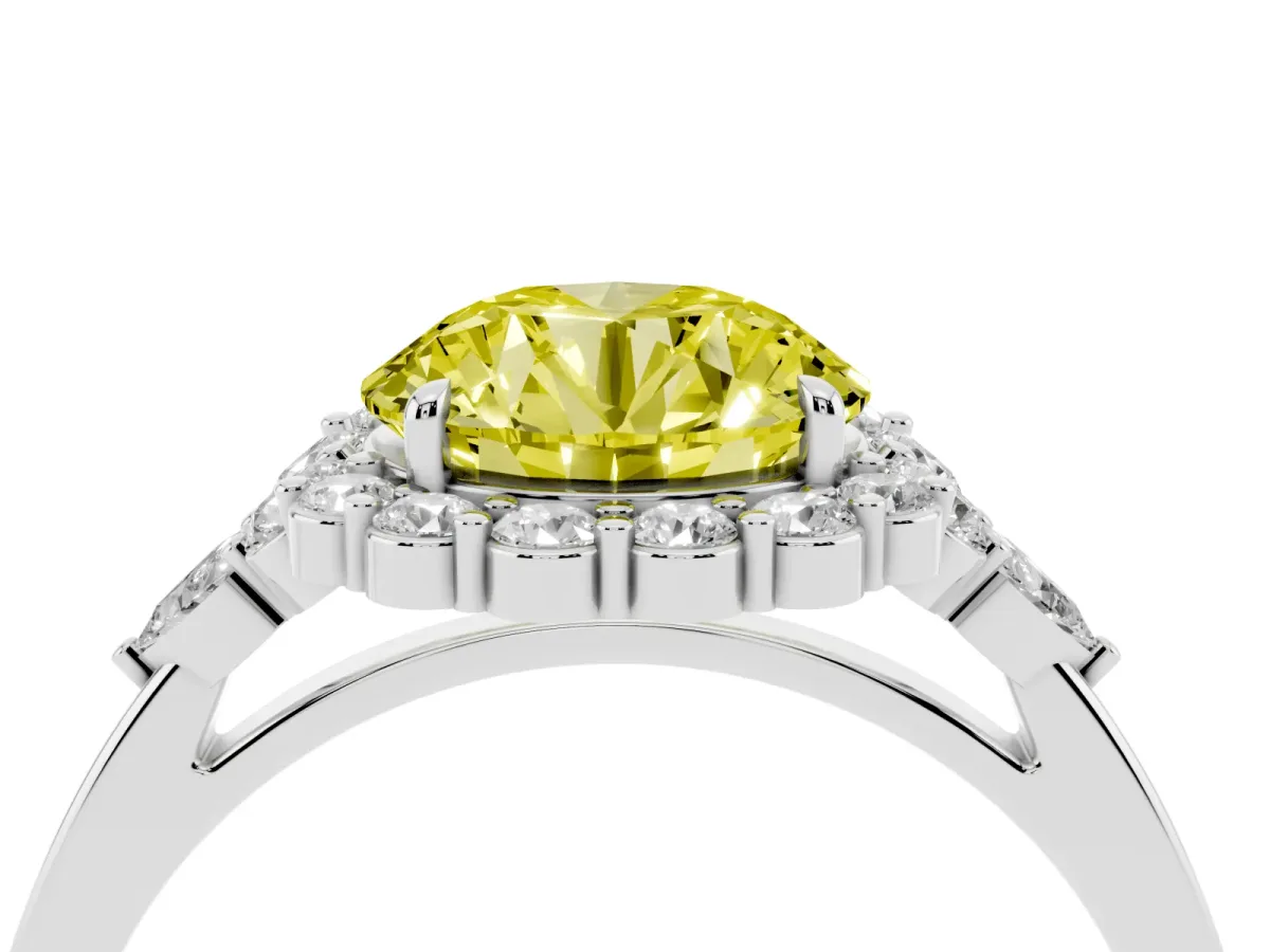 Fancy Yellow Round Cut Diamond Halo Ring with Pear Side Stones and Prong Setting Silver